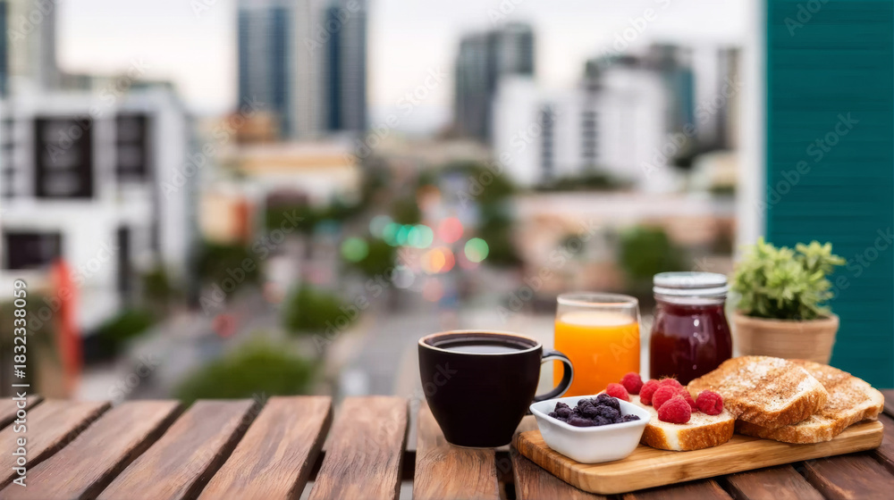 Obraz premium Balcony breakfast enjoying city skyline morning view, fresh toast, coffee, juice on a wooden table