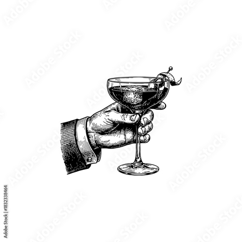 Hand-Drawn Arm Holding a Cocktail - Vintage Engraving Style.