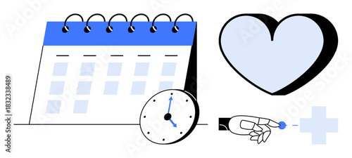 Calendar, clock, hand holding pill, and heart icon emphasize health planning, wellness, and timely medication. Ideal for healthcare, fitness, self-care time management health awareness routine