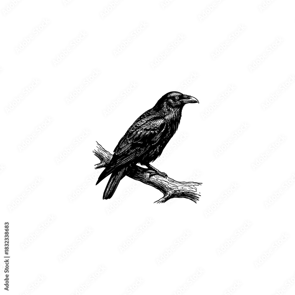 Fototapeta premium Raven Sitting on a Branch – Dark Crow Bird Vintage Engraving Style.