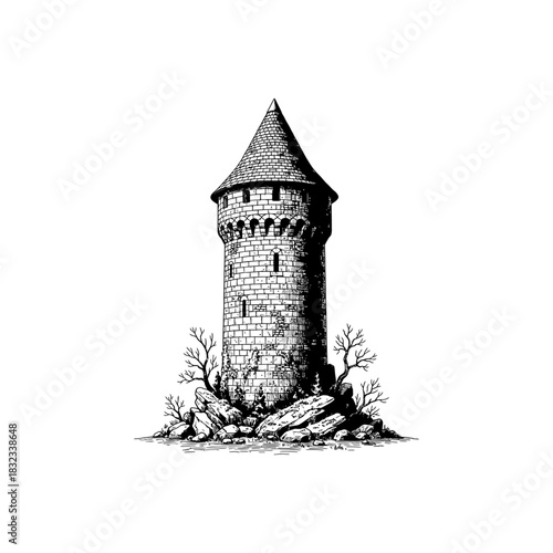 Old stone castle tower in engraving.