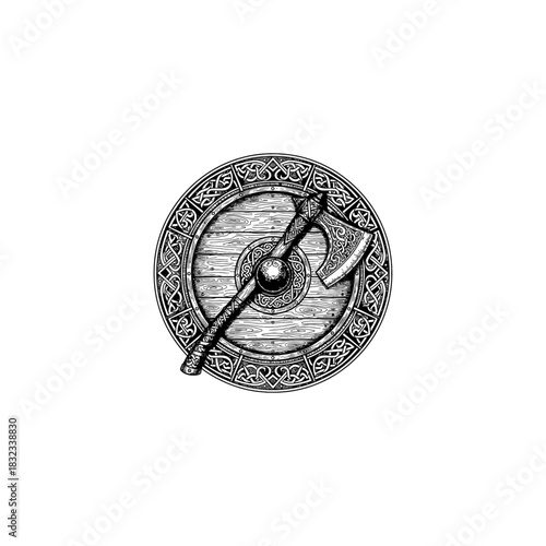 Viking shield with detailed wood texture and engraved axe.