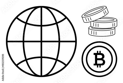Globe grid accompanied by stacked coins and a Bitcoin icon, representing digital currency and global financial systems. Ideal for cryptocurrency, trading, investment, blockchain, economy, fintech