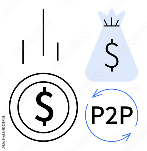 Dollar symbol, money bag, and P2P signs visualizing financial transactions. Ideal for fintech, digital banking, peer-to-peer payments, e-commerce, online savings, investments and money transfer