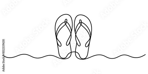 A simple black line drawing depicts a pair of flip-flops on a wavy surface.