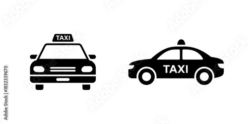 Two black taxi icons, one front-facing and one side-facing, are displayed against a white background.