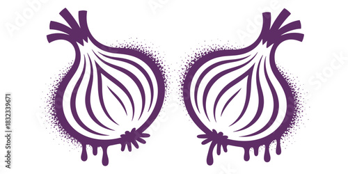 Two stylized purple onions with dripping effects are displayed against a white background.