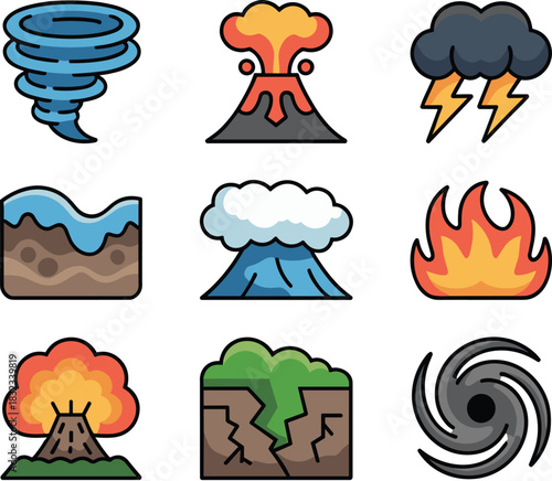 A comprehensive vector icon set illustrating nine major natural disasters and extreme weather hazards, featuring tornado, cyclone, hurricane, wildfire, flood, earthquake, thunder, lightning storm, and