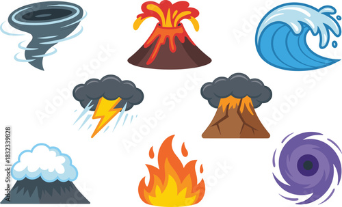 A vibrant vector illustration displaying a comprehensive collection of natural disaster and extreme weather icons, including swirling tornado, destructive hurricane, catastrophic volcanic eruption, la