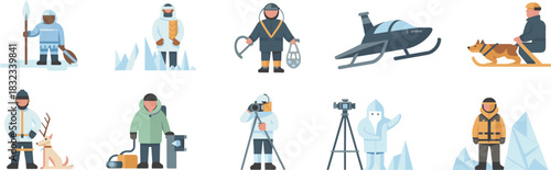 Arctic exploration flat vector icon set featuring scientists, researchers, indigenous people, hunters, and adventurers engaging in polar expeditions, including dogsled mushing, ice drilling, photograp