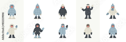 A diverse group of smiling cartoon people in heavy padded winter coats and warm apparel, ready for arctic exploration or frozen climate travel, flat minimalist vector illustration set ideal for UI, ed