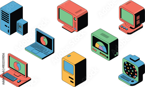 Vibrant isometric illustration featuring a diverse collection of retro and modern computer electronics hardware, including vintage PC desktop casings, laptops, monitors, and data visualization systems