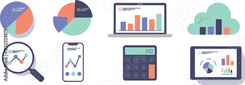 Professional digital data analysis visualization illustration showcasing diverse business metrics and financial statistics on modern technology devices like laptops, mobile phones, and tablets, repres