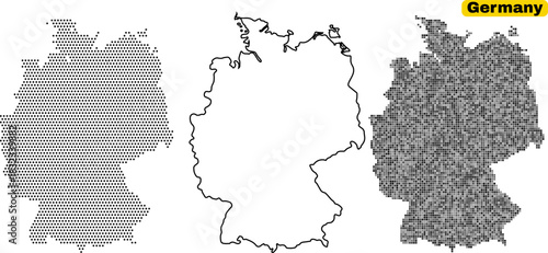 Set of three stylized map outlines of germany showing different internal patterns like honeycomb and grid