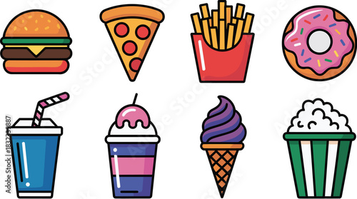 Modern flat design vector illustration set featuring essential colorful junk food and snack icons like the classic burger, pizza, fries, pink donut, cold soft drink, dessert milkshake, purple soft ser