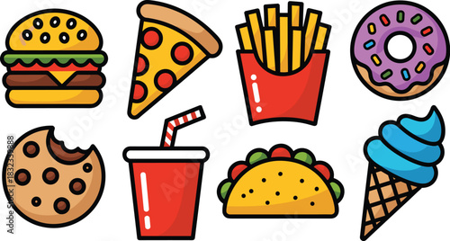 A vibrant, colorful collection of eight popular fast food junk food icons, featuring a detailed cheeseburger, slice of pepperoni pizza, box of crispy french fries, purple glazed donut, bitten chocolat