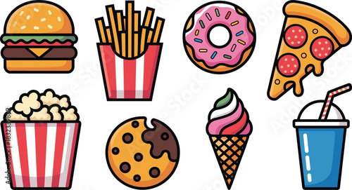 Colorful flat design vector illustration set of popular sugary and savory junk food icons: cheeseburger, fries, dripping pepperoni pizza, glazed doughnut, cookie, ice cream, drink, and popcorn; ideal