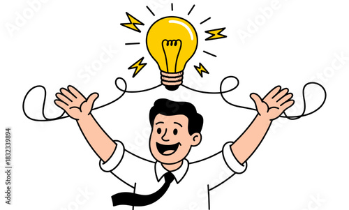 A man with outstretched arms celebrating a bright idea symbolized by a glowing lightbulb above his head.