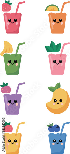 Vibrant colorful kawaii cartoon fruit drinks and healthy smoothie vector illustration assortment, ideal graphic resource set for digital marketing, packaging, children's education, website design, and
