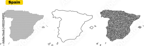 Set of three stylized maps of spain showing different fill patterns dotted, outline, and grid with letters