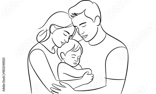 A loving family embraces their sleeping child in a tender moment of connection and affection.