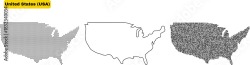 Set of three stylized map outlines of the united states of america showing different fill patterns