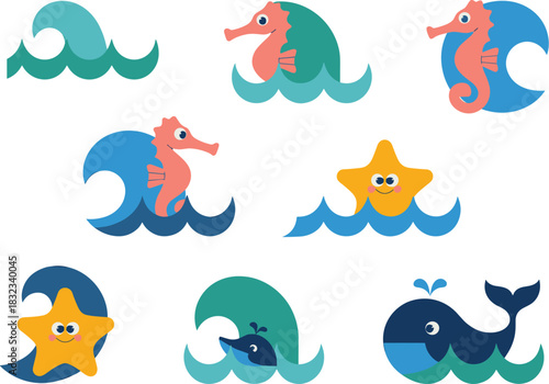 Cute cartoon flat design marine animals vector illustration set featuring playful seahorses, bright starfish, a surfacing whale, and dolphin elements riding ocean waves; useful graphic resource for ch