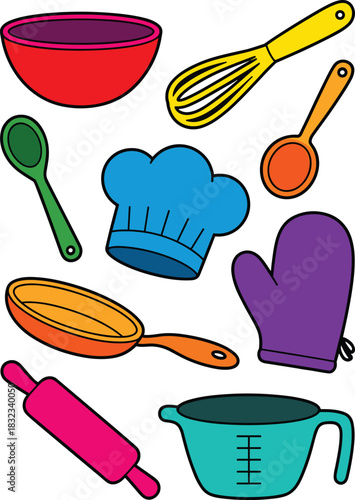 Colorful vector cartoon illustration of essential kitchen cooking and baking tools, including a red mixing bowl, yellow whisk, purple oven mitt, blue chef hat, rolling pin, and measuring cup, depictin