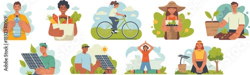 Diverse group of people practicing sustainable green lifestyle activities including renewable solar energy generation, organic gardening, zero waste shopping, outdoor cycling, and healthy yoga fitness