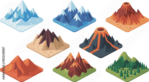 A collection of nine detailed stylized isometric mountain and volcano icons featuring diverse geographic terrain, including icy snowy peaks, deep blue summits, arid desert mounds, dense green forest s