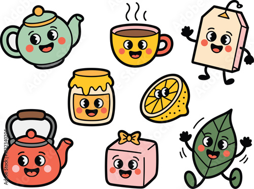 A cheerful collection of anthropomorphic hot beverage characters and food mascots, including a happy steaming cup, running teabag, cute kettle, lemon slice, honey jar, and teapot, rendered in a playfu