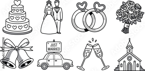 Comprehensive traditional wedding and marriage celebration icon set featuring symbolic elements: tiered cake, rings, the engaged couple, bouquet, church, bells, champagne flutes, and Just Married car