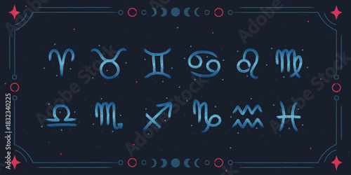 Hand drawn zodiac signs set. Blue gradient horoscope symbols. Isolated design elements on dark background. Vector astrology illustration
