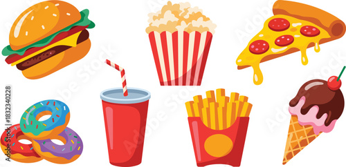 Vibrant cartoon vector set featuring unhealthy fast food icons: cheeseburger, salty french fries, cheesy pizza slice, sugary soda drink, dessert donuts, sweet ice cream cone, and cinema popcorn; colle