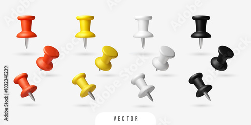 3D office thumbtack set. Red, yellow, white and black pins in perspective. Vector Isolated stationery design elements on white background