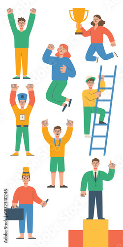 Diverse group of successful winners celebrating massive victory and achievement concepts, demonstrating strong motivation, reaching big goals, climbing the career development ladder, holding the gold