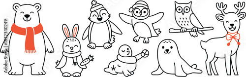A delightful collection of cute arctic winter animals including a happy polar bear, reindeer, penguin, seal, rabbit, owl, and snowman characters, presented as cheerful, minimalist line art vector illu
