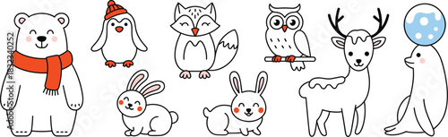 Adorable vector collection of happy winter wildlife characters—polar bear, penguin, arctic fox, snow owl, deer, seal, and rabbits—cute minimalist line art clip art set ideal for seasonal marketing, nu