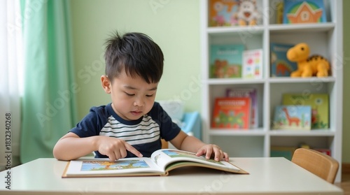 Young Asian boy reading picture book at white table and pointing at page in green room with bookshelf for early education concept