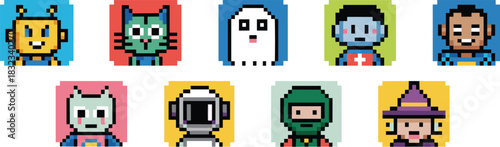 Colorful 8-bit retro pixel art character avatar collection set, including unique profiles like robot, alien, ghost, cat, witch, and astronaut for digital identity, non-fungible token (NFT), website, m