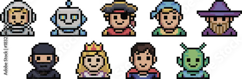 A diverse collection of detailed pixel art avatars featuring fantasy and sci-fi gaming characters like a futuristic astronaut, friendly robot, swashbuckling pirate, mythical wizard, stealthy ninja, ro