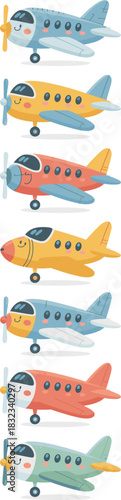A vertical collection of cute cartoon propeller airplanes featuring happy smiling faces and brightly colored fuselages in a playful vector illustration, ideal for children's travel themes, nursery dec