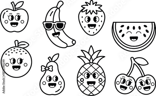 Playful cartoon fruits vector collection featuring eight cheerful characters: apple, cool banana, strawberry, juicy watermelon, orange, sweet pear, pineapple, and cherries, perfect black outline drawi