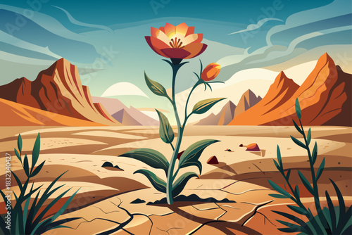 vector of A wild flower, which is a discouraging flower in the middle of a desert landscape, is a symbol of hope and perseverance.