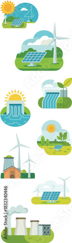 Conceptual flat vector illustration displaying diverse electricity generation sources: photovoltaic solar panels, powerful wind turbines, hydroelectric dams, and contrasting industrial power plants, r