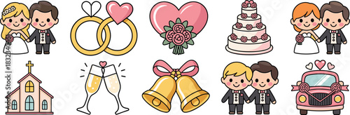 Adorable cartoon wedding and marriage icons set including happy heterosexual and same-sex gay couples holding hands, engagement rings, festive cake, church, champagne toast, bells, and romantic decora