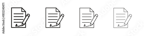 Signed contract icons. Line with editable stroke. Multiple icons collection