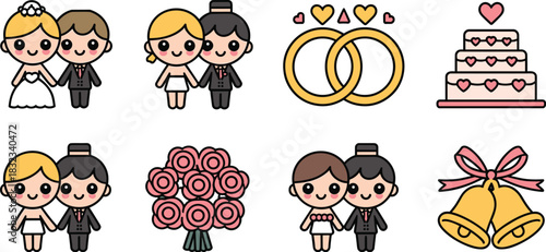 Diverse wedding and marriage couple icons, featuring heterosexual and LGBTQ+ same-sex relationships, illustrated as cute cartoon characters alongside commitment symbols: interlocking gold rings, tiere