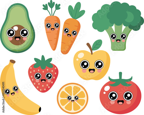 Adorable kawaii cartoon vector illustration featuring smiling happy fruit and vegetable characters: avocado, carrots, broccoli, banana, strawberry, apple, orange, and tomato, promoting healthy food, n