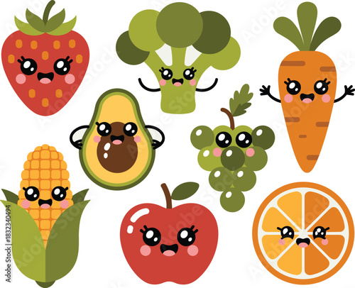 A vibrant collection of cute smiling kawaii cartoon fruits and vegetables, representing fresh healthy eating and wholesome organic nutrition, perfect for children's education, advertising, marketing,